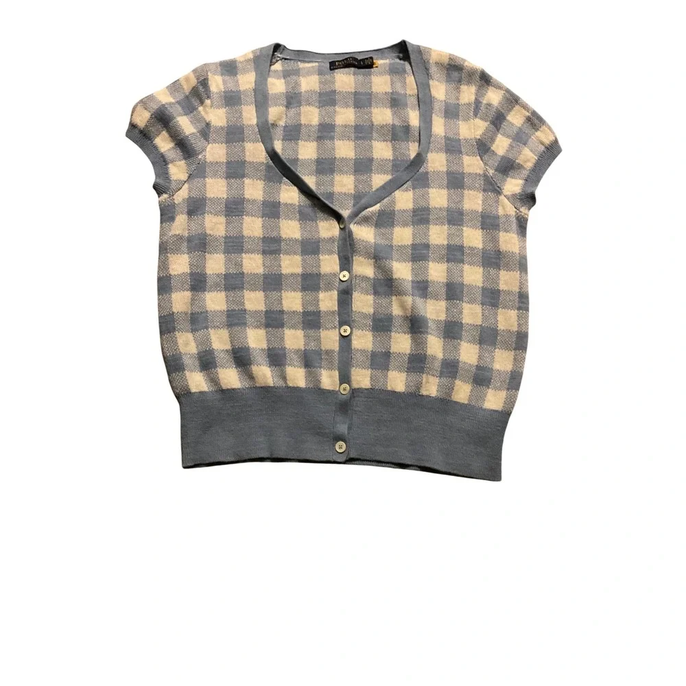 Polo Ralph Lauren Blue Gingham Linen Cotton Short Sleeve Cardigan Sweater preppy
